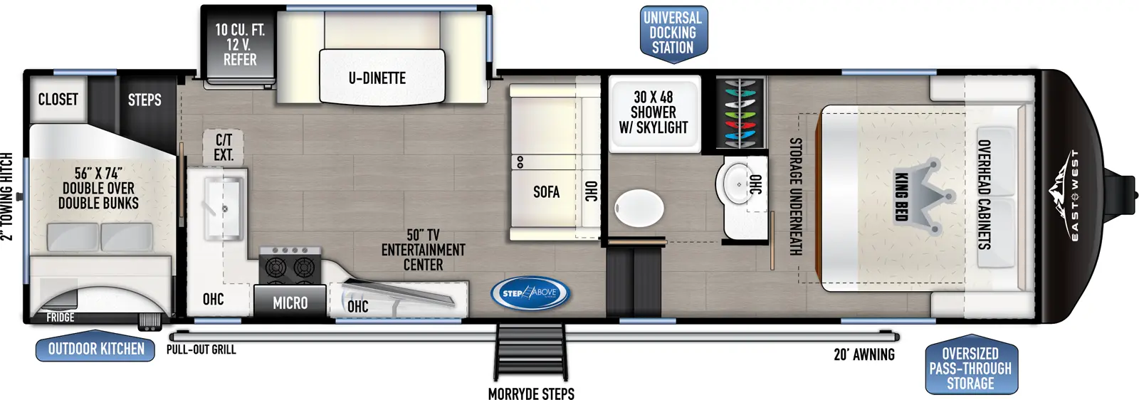 The 27BH-OK has one slideout and one entry. Exterior features an oversized pass through storage, universal docking station, MORryde Steps, 20 foot awning, outdoor kitchen with pull-out grill and refrigerator, and 2 inch towing hitch. Interior layout front to back: foot-facing king bed with storage underneath, overhead cabinets, and off-door side closet; off-door side full bathroom with overhead cabinet and shower with skylight; steps down to main living area and entry; sofa with overhead cabinet along inner wall; off-door side slideout with u-dinette and 12V refrigerator; door side entertainment center with TV, overhead cabinet, microwave, cooktop, counter wraps to inner wall with sink and extension; rear double over double bunks with steps and closet.